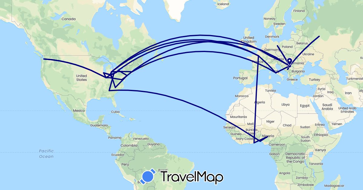 TravelMap itinerary: driving in Belgium, Germany, France, Ghana, Italy, Montenegro, Nigeria, Serbia, Russia, United States (Africa, Europe, North America)